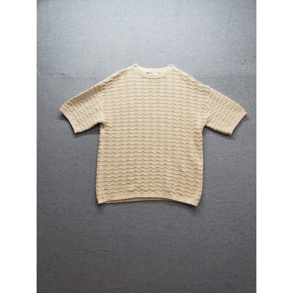 MNG Women Sweater T Shirt S Beige Diamond Crew Neck Pullover Short Sleeve Casual